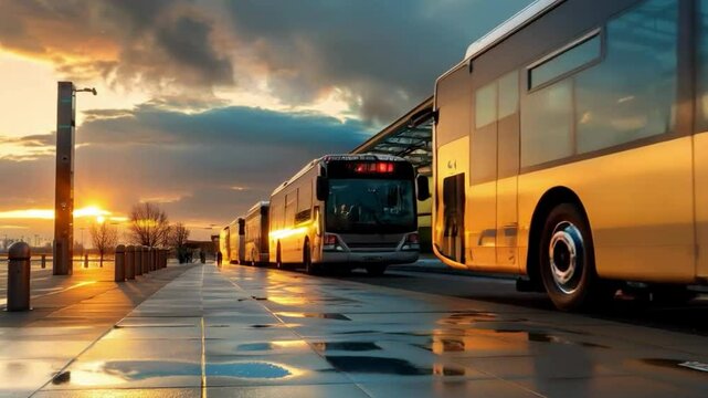 Modern buses stand in a row at the bus station against the background of sunset, with bright lights and reflections on the asphalt. Great for advertising of transportation companies,  
