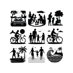 Vacation Travel Thin Line Icons - Editable Stroke Summer characters. Family couple travellers with kids going to vacation at beach sea or ocean People traveling set 