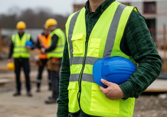 Fototapeta premium A construction worker in a safety vest holds a hard hat on a construction site with colleagues.