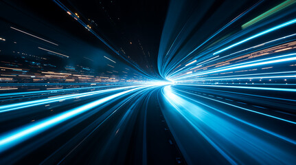 Futuristic Hyperspace Tunnel with Glowing Blue Light Trails in Digital Dimension