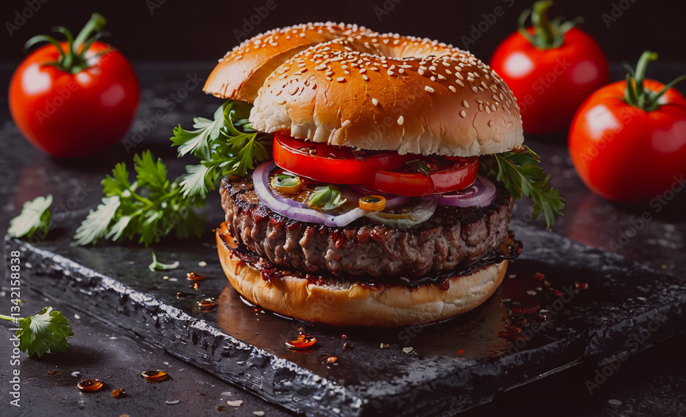 Aufkleber Hamburger with a bun and a tomato on top. The bun is brown and has sesame seeds on it. The hamburger is placed on a black table with a few tomatoes and some herbs