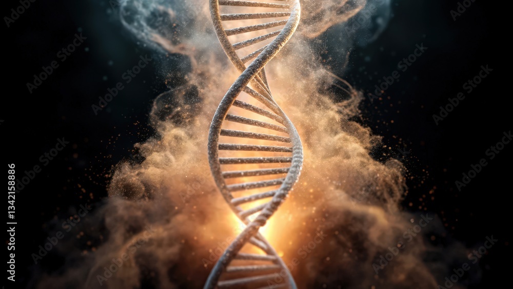 Poster a surreal depiction of a dna strand dissolving into abstract shapes and colors.