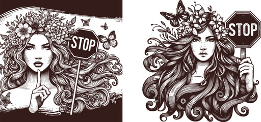 Engraved Design: Elegant Woman with Flowing Floral Hair, Butterflies, and a Stop Sign in Hand woman, stop sign, illustration, black-and-white, retro, elegant, authority, flowing hair, floral hair