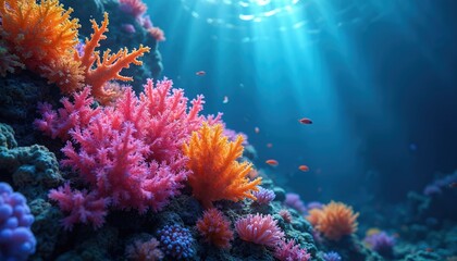 Vibrant coral reef with colorful fluorescent corals isolated on dark blue underwater background. Exotic marine life thrives in tropic ocean, underwater flora on reef with fish. Light beams illuminate