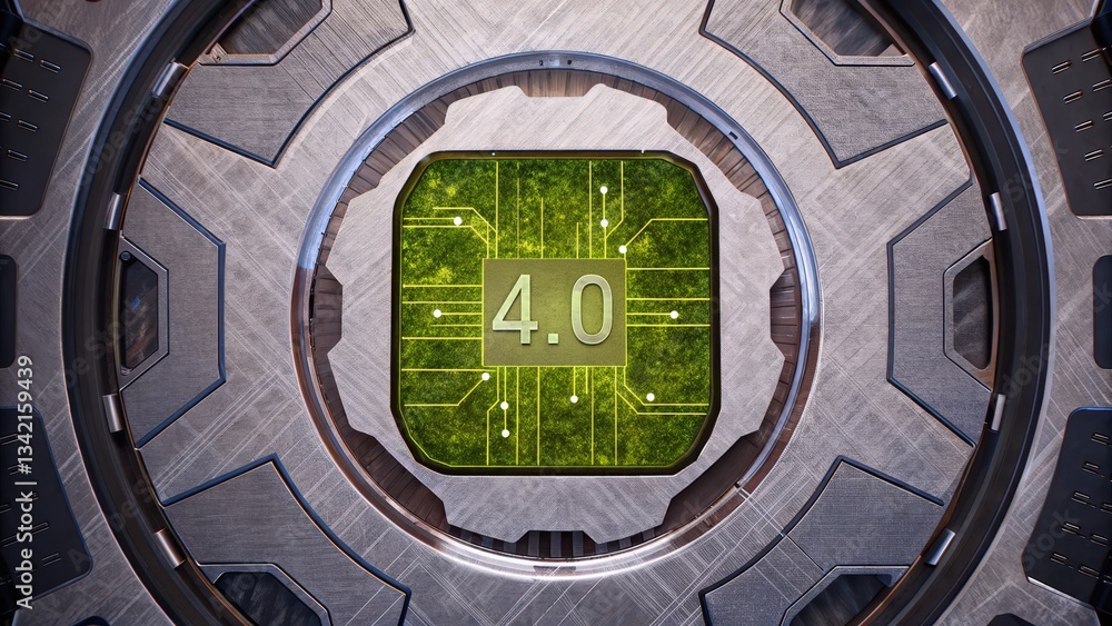 Poster a futuristic circuit design featuring a green core labeled 