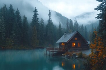 Fototapeta premium Misty Mountain Cabin on Calm Lake at Dusk