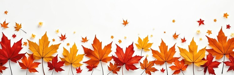 Horizontal autumn flat lay border with red, orange, yellow maple leaves isolated on white backdrop. Fall foliage decoration layout. Autumnal seamless background for season promotions, thanksgiving