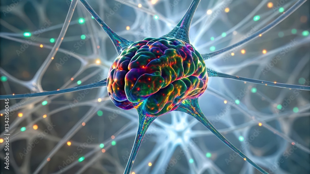 Poster a futuristic neural representation highlighting brain inflammation genes.