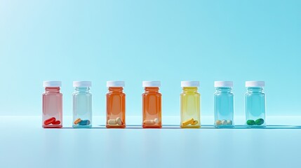 Medication bottles with supplements on blue background