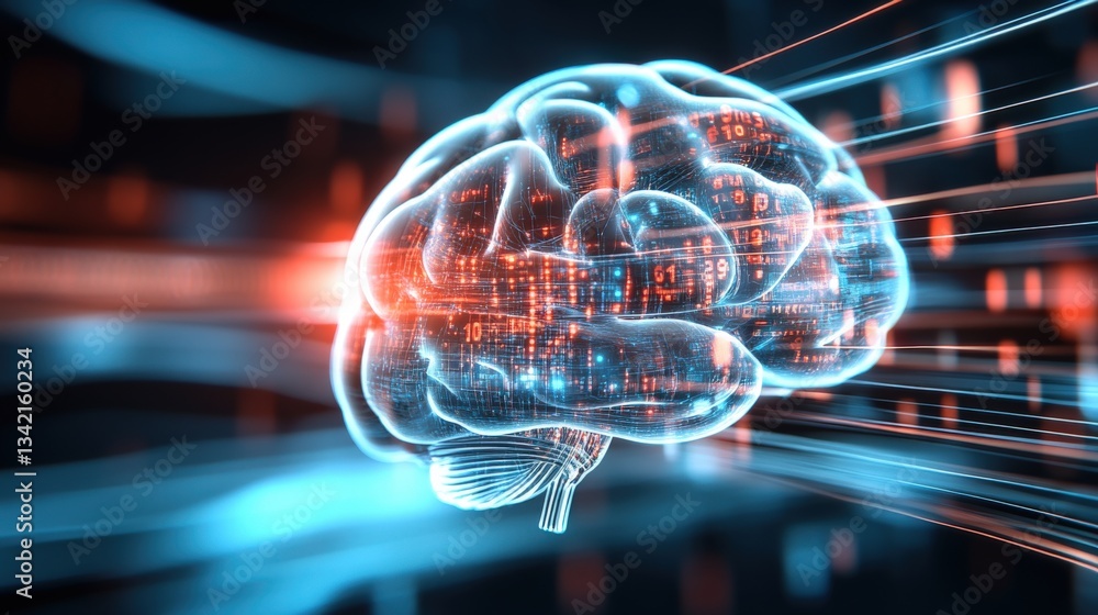 Poster exploring cognitive technology brain visualization digital realm infographic futuristic close-up neu