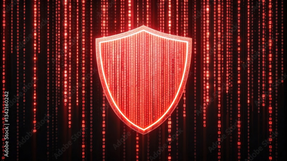 Poster a glowing firewall shield protecting against streams of red, symbolizing cybersecurity and digital d
