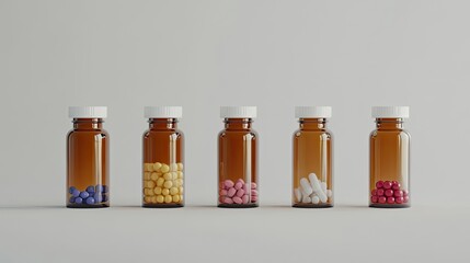 Medication capsules in bottles on plain background