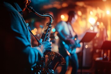 Fototapeta premium Saxophonist performing live with his band in a nightclub