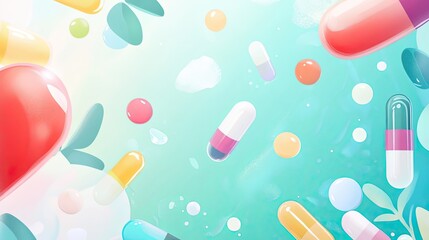 Medicine background with colorful capsules, healthcare and pharmaceutical theme