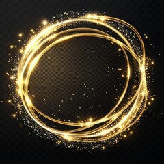 Fototapeta premium Frame made of gold oval rings with glitter and flashes on a transparent background.