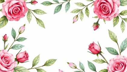 Delicate watercolor roses & leaves, repeating pattern, artwork, red, pink