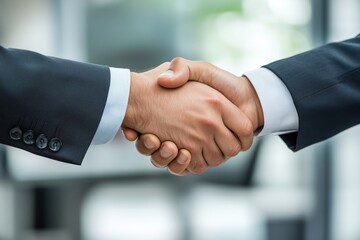  
Aperto de m&atilde;os entre duas pessoas em trajes formais dentro de um escrit&oacute;rio moderno com fundo desfocado, criado com IA generativa