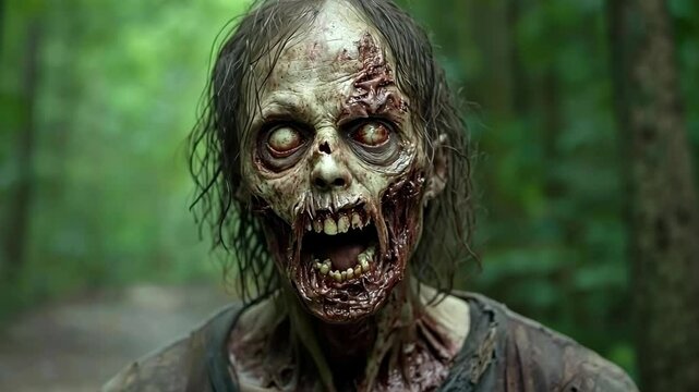 Horror figure in a dark forest during twilight, embodying the essence of a terrifying undead creature