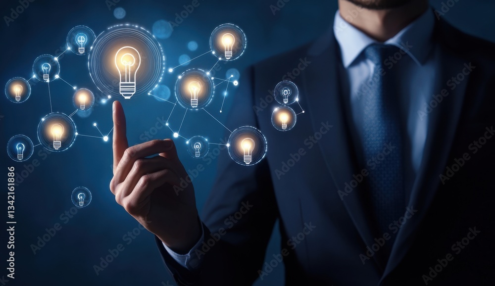 Poster businessman touching glowing light bulb icons with his hand on a virtual screen, an idea and innovat