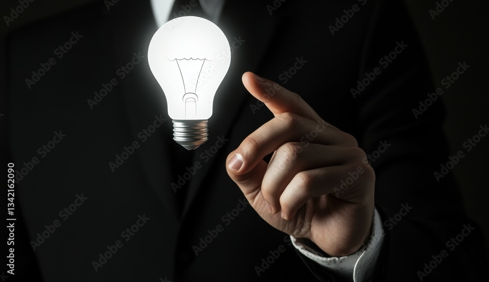 Poster a businessman is touching a glowing light bulb icon on a virtual screen with his finger, representin