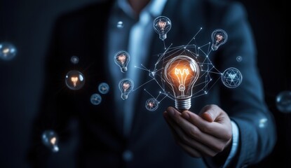 Fototapeta premium Businessman touching glowing light bulb icons on a virtual screen, representing innovative ideas and technology for business growth in the digital age Generative AI