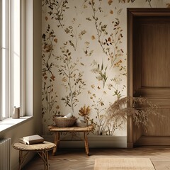 Luxury decor with floral vase and patterned wall high resolution picture