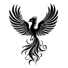Black and white minimalist phoenix bird symbol – perfect for tattoos, logos, and vector designs. Isolated on a white background.