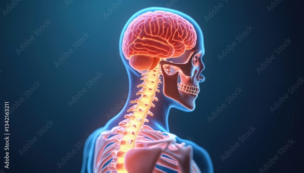 Poster 3d rendering shows human skull, spine, and brain with glow effect on dark blue background. design is