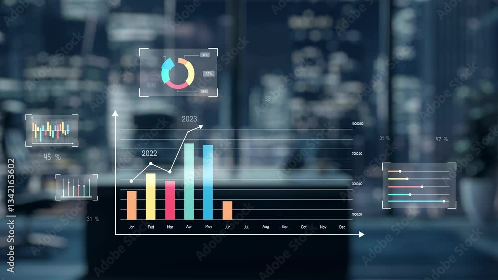 Poster a robotic hand points to a transparent screen displaying vibrant graphs and charts that illustrate f