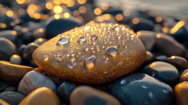 Glimmering Rock with Water Droplets on Pebble Beach at Sunset