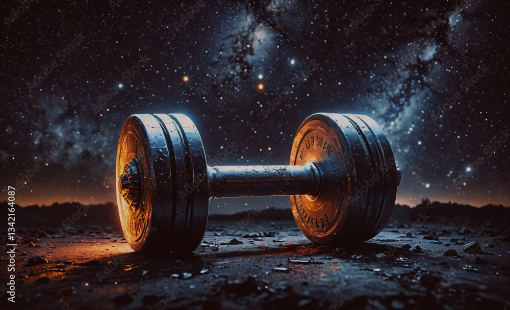 Poster dumbbell is sitting on the ground in front of a starry sky. the dumbbell is surrounded by a dark, ro