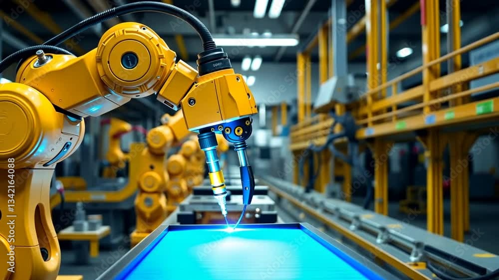 Poster precision automation robotics industrial arm operating in modern factory environment production line