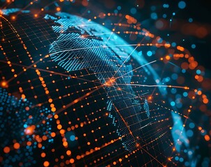 A glowing digital network of blue and orange dots on a black background, representing global connectivity and data transfer in the internet age. The world is seen as an abstract sphere with 