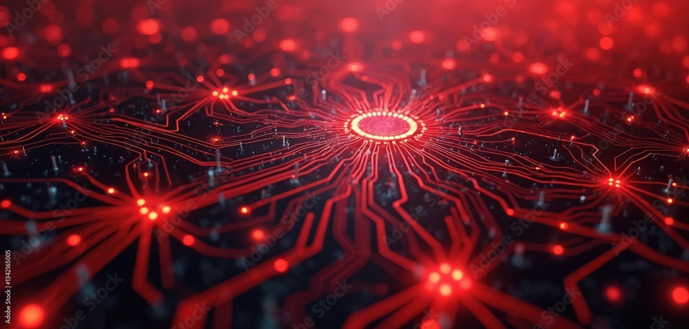 Poster red technology pattern featuring energy lines, fractal design. glowing neon elements, digital artwor