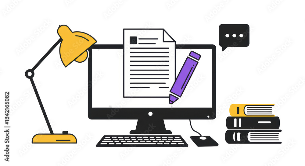 Poster isolated desktop workspace with computer, lamp and books