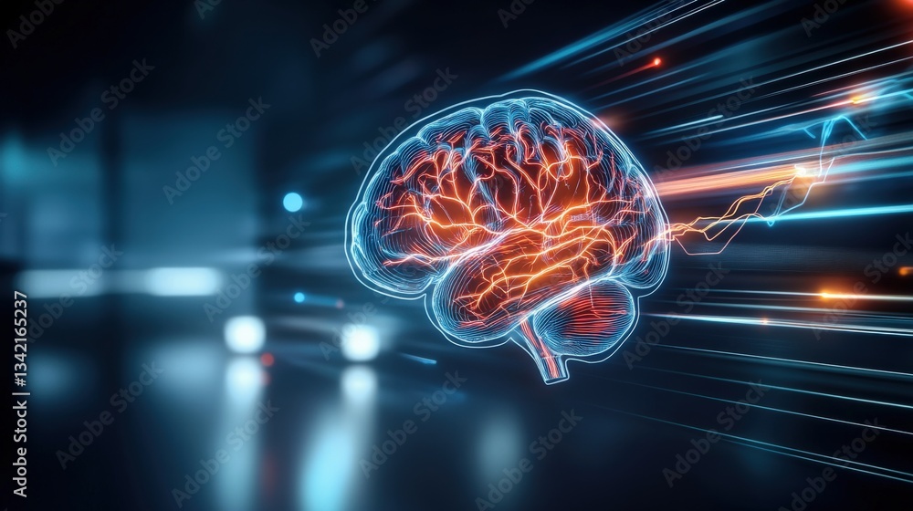 Poster dynamic brain visualization digital space 3d animation futuristic environment close-up viewpoint neu