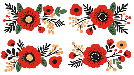 Fototapeta premium Vibrant floral patterns featuring red poppies and greenery, ideal for decorative use