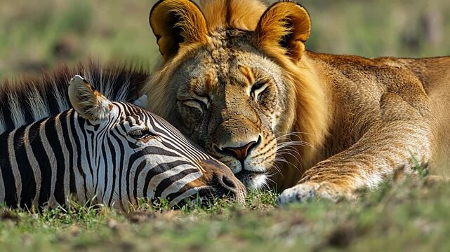Lion and zebra resting together in a serene savannah landscape