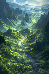 Fototapeta premium Serene Beauty: A River Winding Through a Verdant Valley Under the Radiant Sun