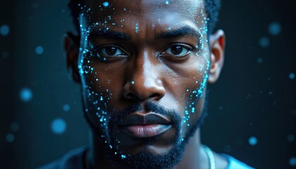 Face close-up of young African American man with biometric facial recognition system, blue dots. Futuristic AI face scan. Modern scanning tech, digital security, personal data protection concept.