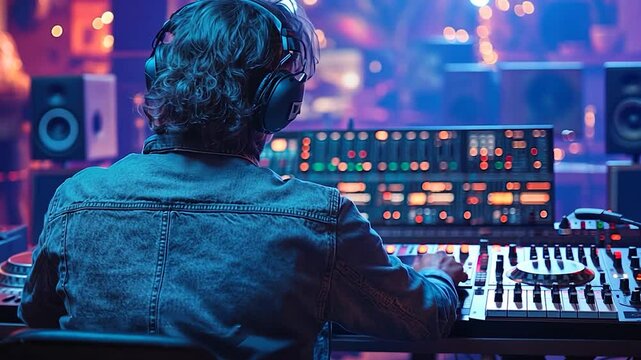 Music producer mixing tracks in a vibrant studio with colorful lights