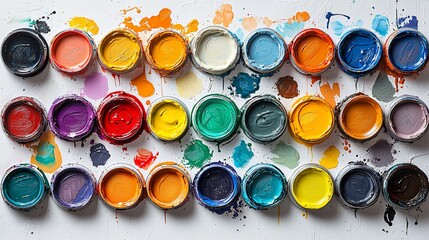 Colorful paint containers arranged on a white surface with paint splatters