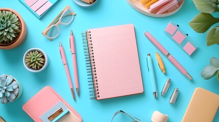 Flat lay of productivity tools featuring planner, colorful pens, and motivational quotes on a tidy desk workspace