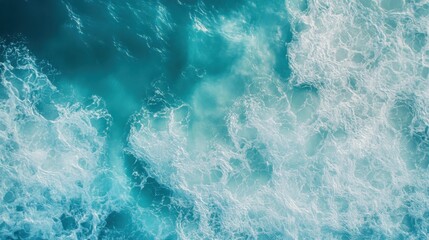 Fototapeta premium Aerial perspective of turquoise ocean waves, blue sea surface, transparent water background, serene and clear
