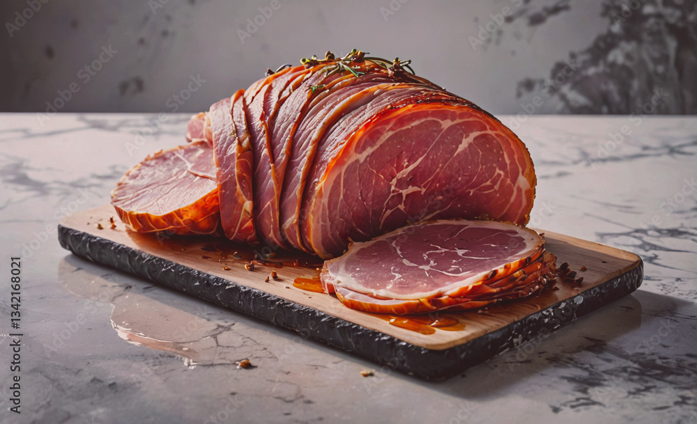 Poster slab of ham is cut into slices and placed on a wooden cutting board. the ham is surrounded by herbs 