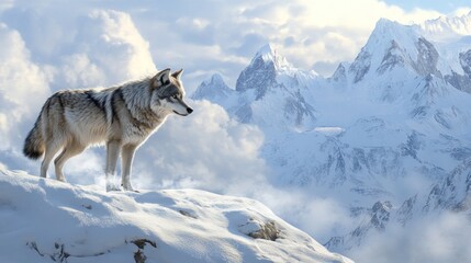 Naklejka premium Solitary Canine in a Snowy Mountain Landscape A Majestic Scene of Natures Wild Beauty and Ser