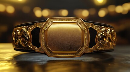 Gold championship belt on dark surface.
