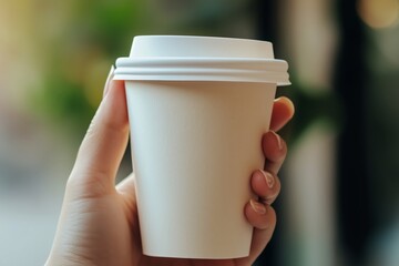 Obraz premium A coffee cup mockup placed on a rustic wooden counter, with coffee beans scattered around and a barista working in the blurred background