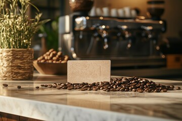 A coffee shop loyalty card mockup displayed on a countertop with coffee beans, 4k photo