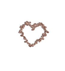 A digital illustration of coffee beans in a hand-drawn style on a white background. It features individual beans and a heart shape made of beans. Clean and minimalist, perfect for packaging design